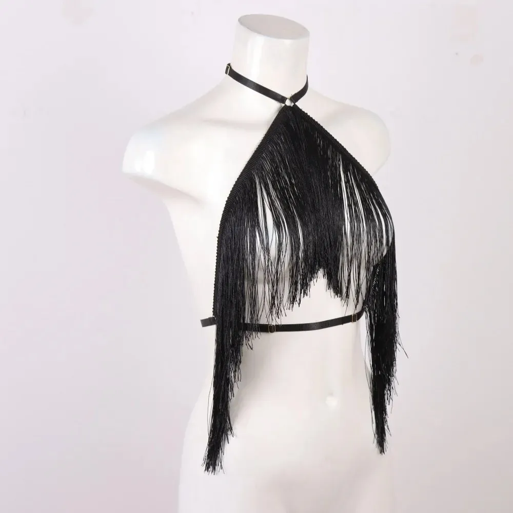Women'S Black Tassel Halter Top-Adjustable Elastic Harness All-Season Wear Casual Attire Top Tassel Detail Top