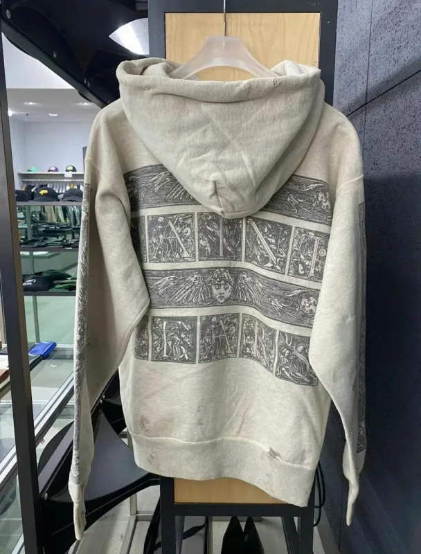 26FW SAINT x Ber B J Co-brand Big Logo Printed Women Men Washed Hooded Sweatshirt Hoodies Vintage Distressed Men Casual Hoodie