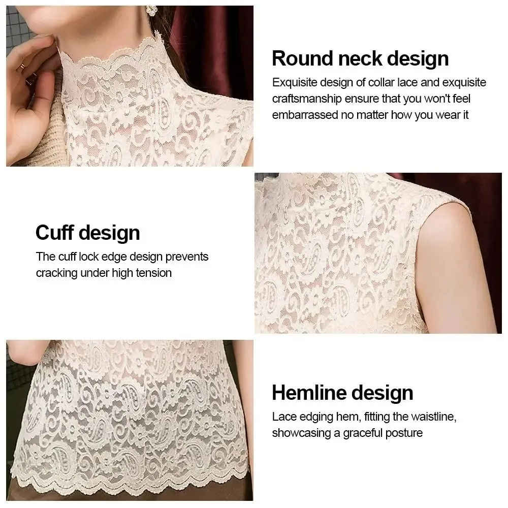 Elegant Half High Collar Floral Tank Tops Hollowed-out Black White T Shirt Sleeveless Vest Women Girls