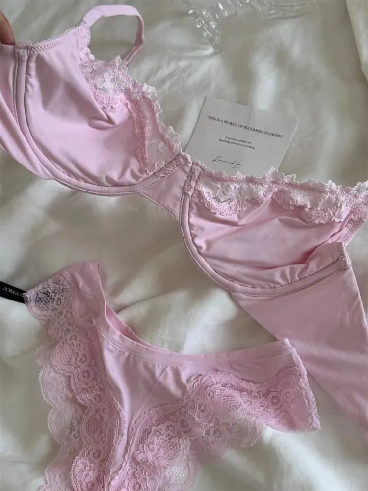 สีชมพูUnlinedเต็มถ้วยBraชุดUnderwire Lace Trim LiftสบายMinimalistไม่มีรอยต่อผิวทุกวันBrasและPanty