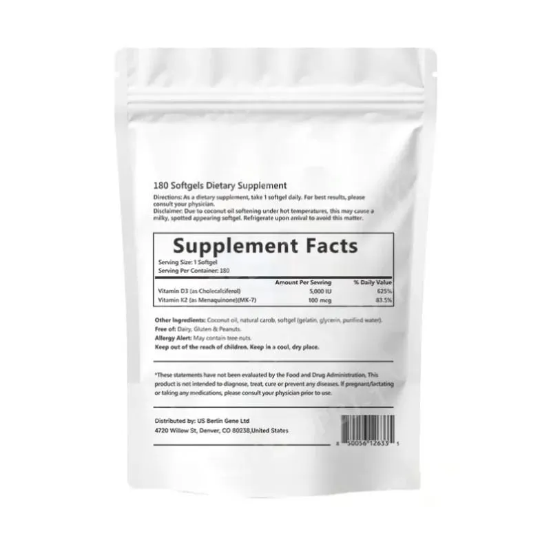 2-in-1 Vitamin D3+K2 Capsules with 5 000 IU D3 and 100mcg K2 180 Count Diet Supplement Maintain Daily Health & Enhance Immunity