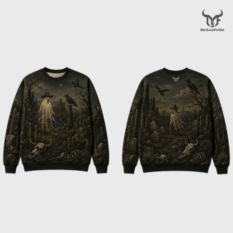 Vintage Dark Western Ghost Print Sweatshirt Desert Cactus Graphic Pullover Long Sleeve Tops Halloween Fashion Casual Streetwear