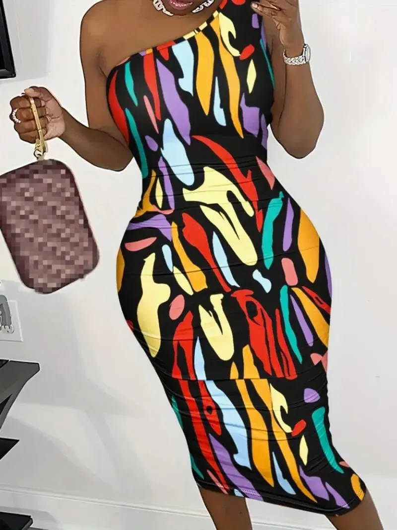 Robe mi-longue personnalisée pour femmes, asymétrique épaule dénudée, coupe cintrée, jupe courte accrocheuse pour sortir, ajustée à la forme du corps