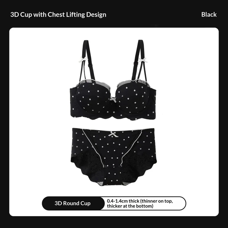 Lace Polka Dot Bra Two-Piece Set Small Bust Gathering Anti-Sagging Side Breast Collection Comfortable Wire-Free Lingerie Set