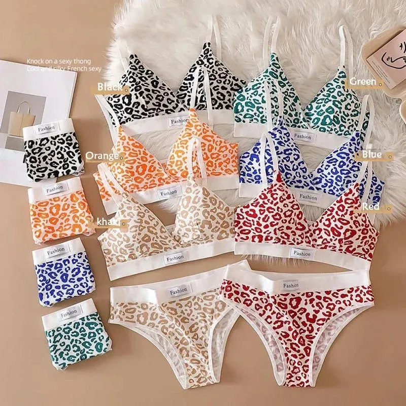Women Seamless Bra Set Sexy Lingerie Low Waist Panties Leopard Bralette Set Vneck Sport Brassiere Female Cotton Underwear Set