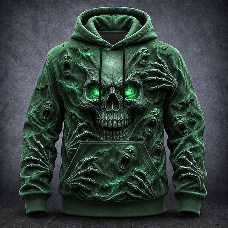 Men's Autumn Winter Halloween Hoodie Casual Pullover with Spooky Skull Print Loose Fit Festive Street-Style Top for Parties