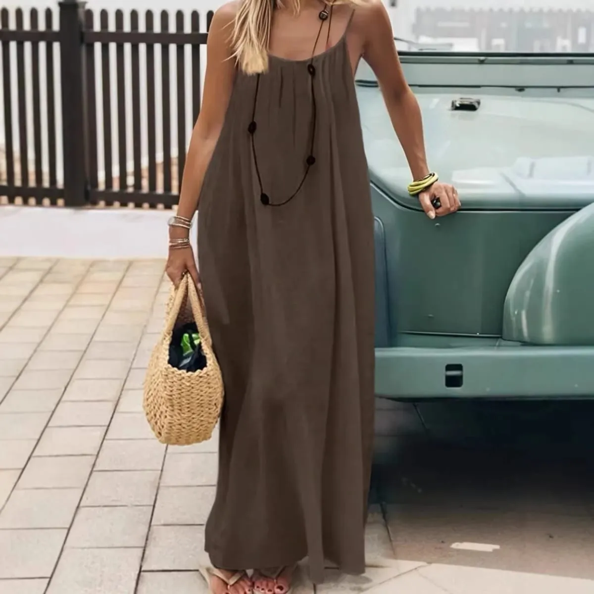 Women's Loose Sundress Sexy Backless Lace Up Slip White Linen Homewear Long Maxi Party Dresses OUFY-20260409001