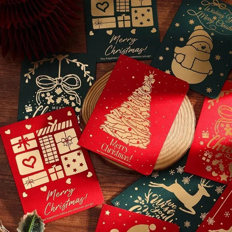 10Pcs Vintage Gold Foil Christmas Folding Greeting Cards Multi Pattern Blessing Holiday Cards New Year Postcard Gift Cards