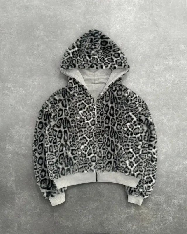 Hip-hop New Two-sided Clothing Harajuku Retro Leopard Print Fashionable Loose Zipper Hoodie Men Street Casual Sweatshirt Women