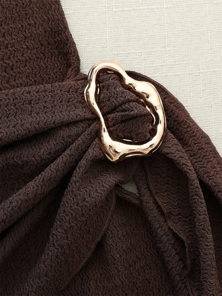 Women's Elegant Texture Fabric Pleating Waist Sice Ribbon Slim Fit Mini Dresses Casual Metal Buckle Solid Color Dress Summer