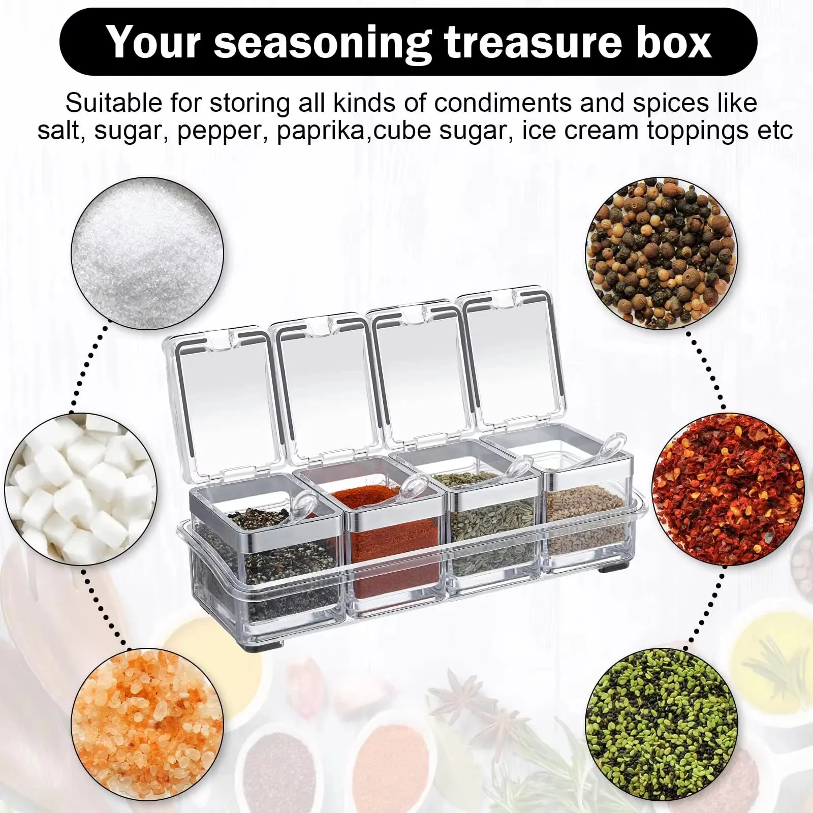 Kitchen Accessories Gourmet Acrylic Seasoning Box with 4 Serving Spoons Spice Jar Set Condiment Cruet Bottle Kitchen Supplies — image 2