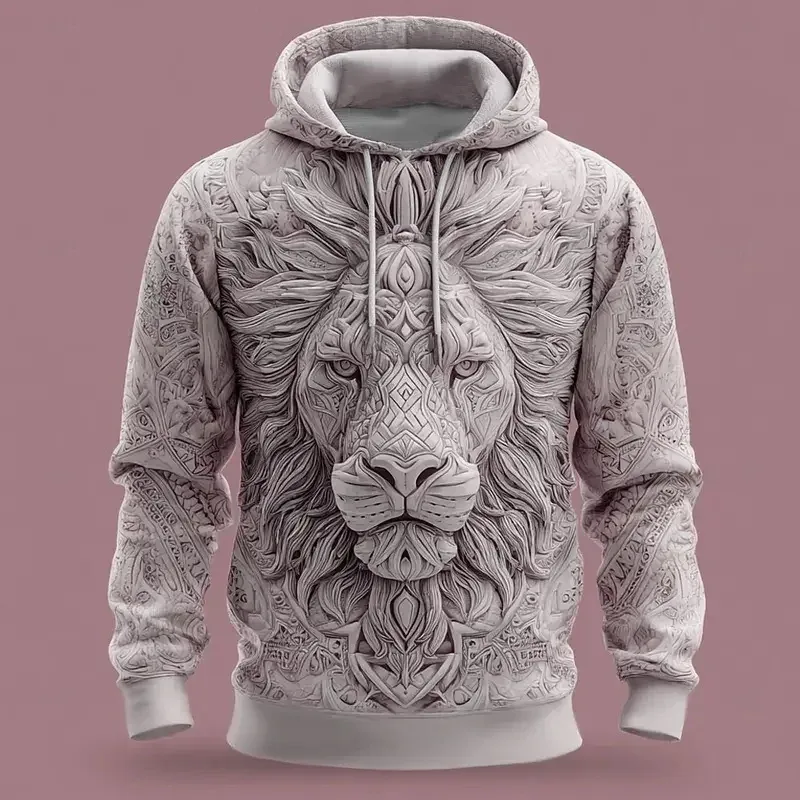 2026 Fall Winter Men's Vintage Animal Lion 3D Prints Hooded Hoodies Sweatshirt Long Sleeve Crew Neck Streetwear Drawstring Tops