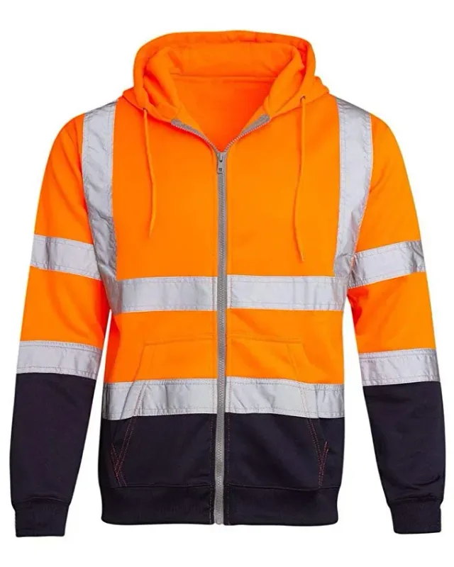 Reflective Work Safety Men Hoodies Drawstring Loose Zipper Jacket Autumn Thin Fleece Hooded Pullover Coat Casual Work Sweatshirt
