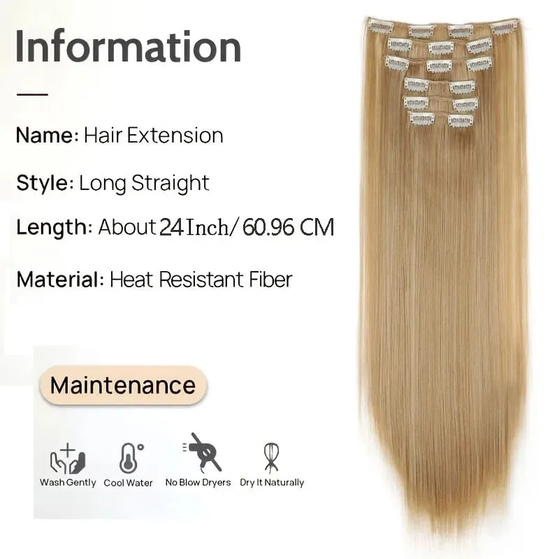 24Inch Synthetic 6pcs/set Long Straight Hair Extension Increasing Volume Extending Soft Comfortable Hairpiece for Women