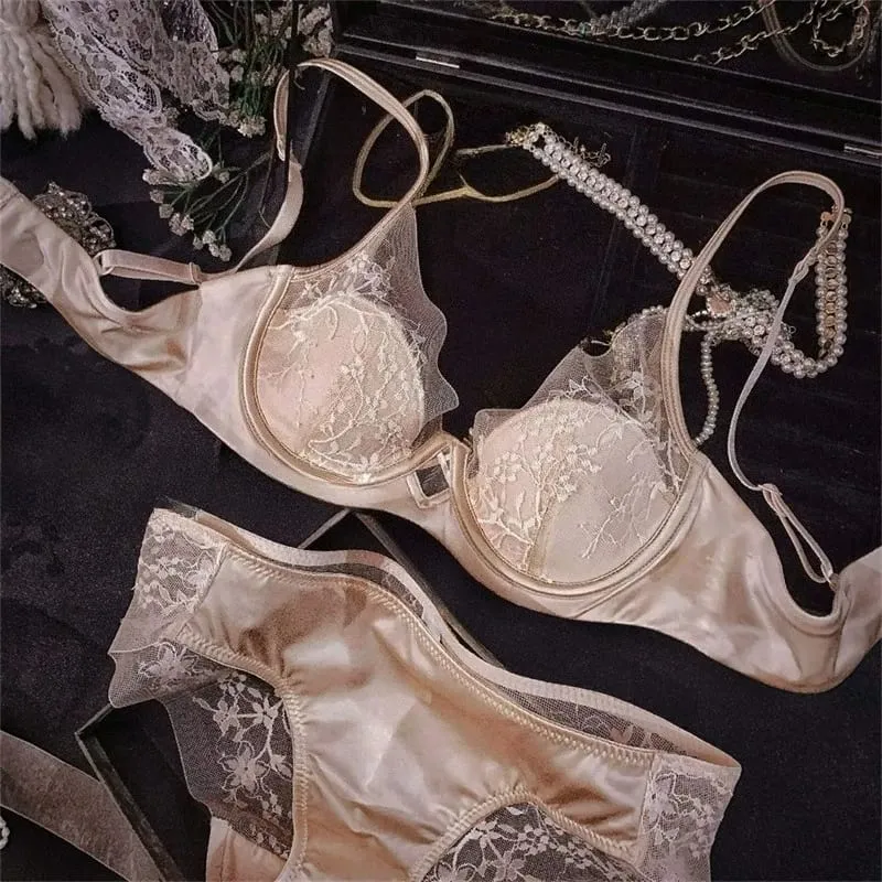 French Satin Lace Ladies Bra Set Push Up Anti Sagging Full Coverage Lingerie Soft Breathable Comfort Underwear Daily Use 32‑38AB