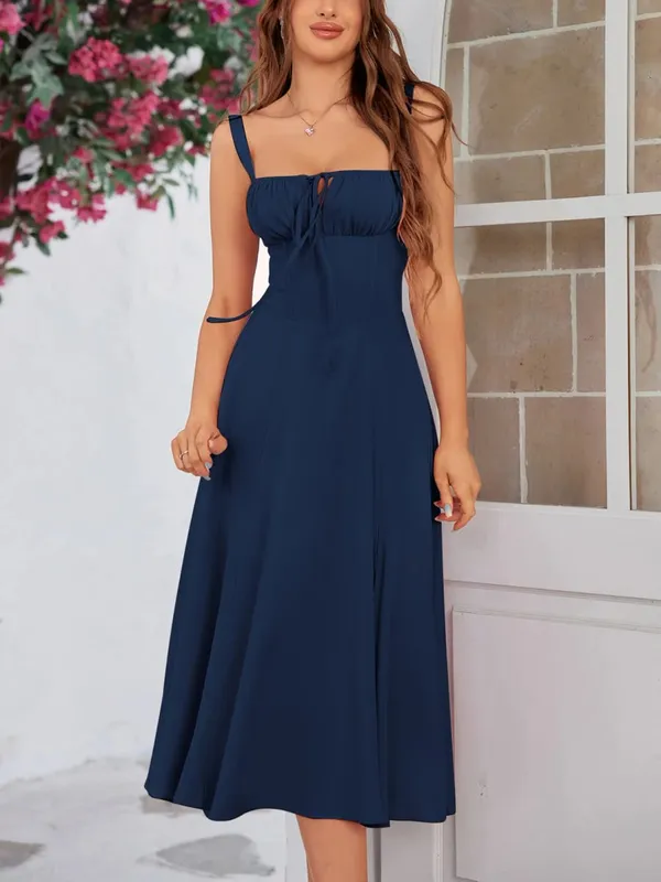 New Summer Fashion Women's Dresses Solid Square Neck Cami Ruched Corset Waist Midi A-Line skirts Elegant Summer Party Dress Y2K