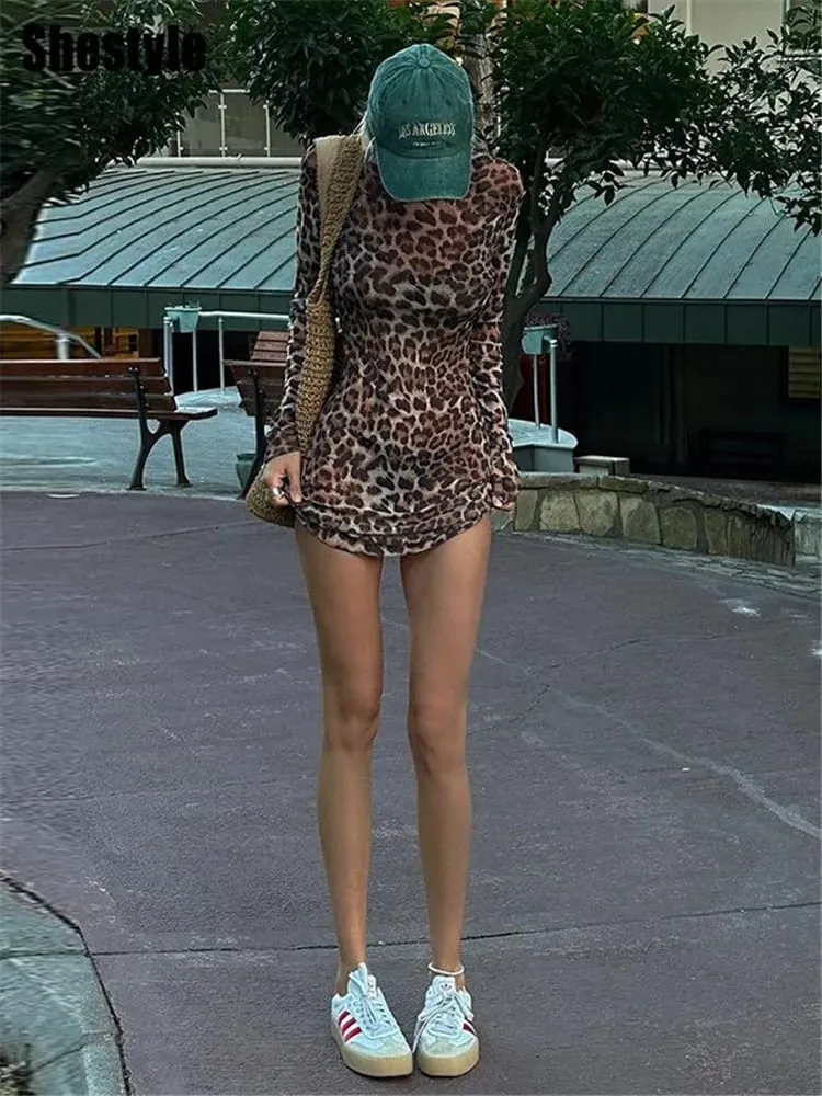 Shestyle Leopard Sexet A-Line Kjole Kvinder Todelt Sæt Mesh Se Gennem Mode Ekstremt Hot High Street Dyreprint Stilfuldt