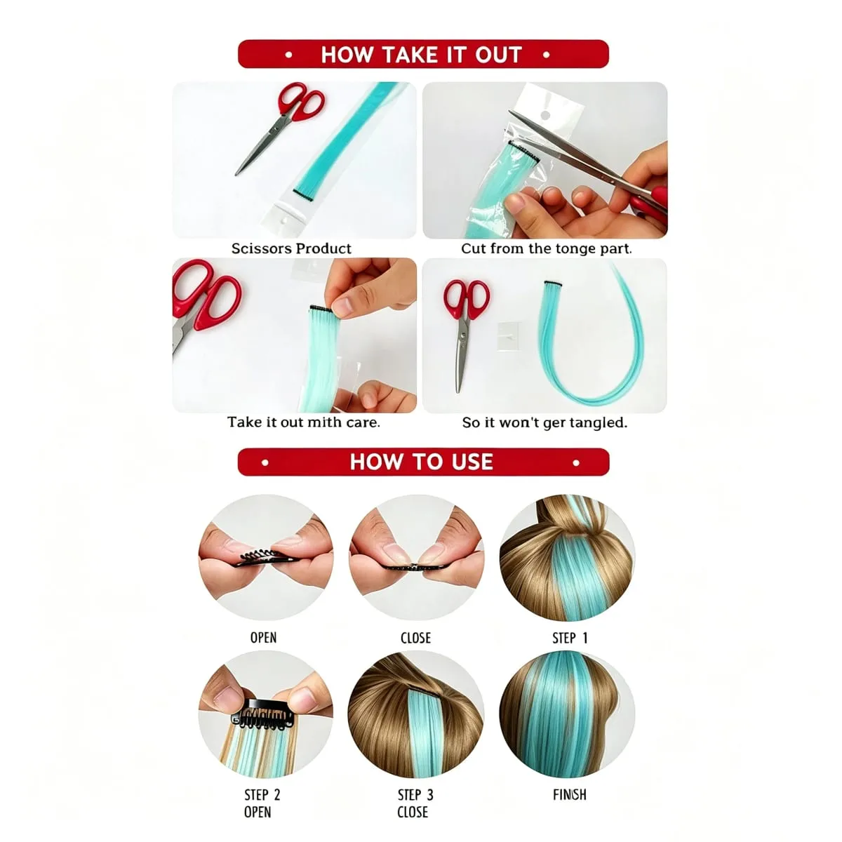 6 Pcs Synthetic Light Blue Clip In Hair Extensions Bright Cyan Synthetic Clip In Hair Extensions Straight Color Highlight Hair