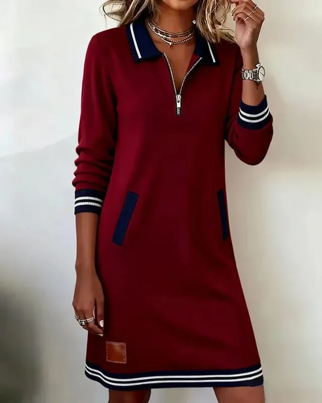 Autumn Winter Fashionable Versatile Women's Dress Casual Contrasting Color Splicing Lapel Long-sleeved Loose Dress With Pockets