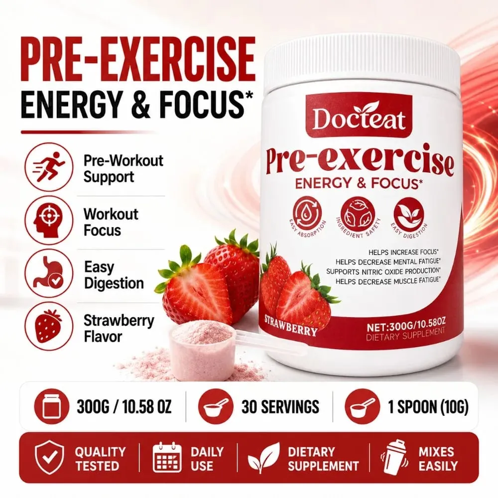 Docteat Pre Workout Powder Strawberry Energy & Focus Support Beta-Alanine L-Citrulline Rhodiola 300g 30 เสิร์ฟเครื่องดื่มผสม