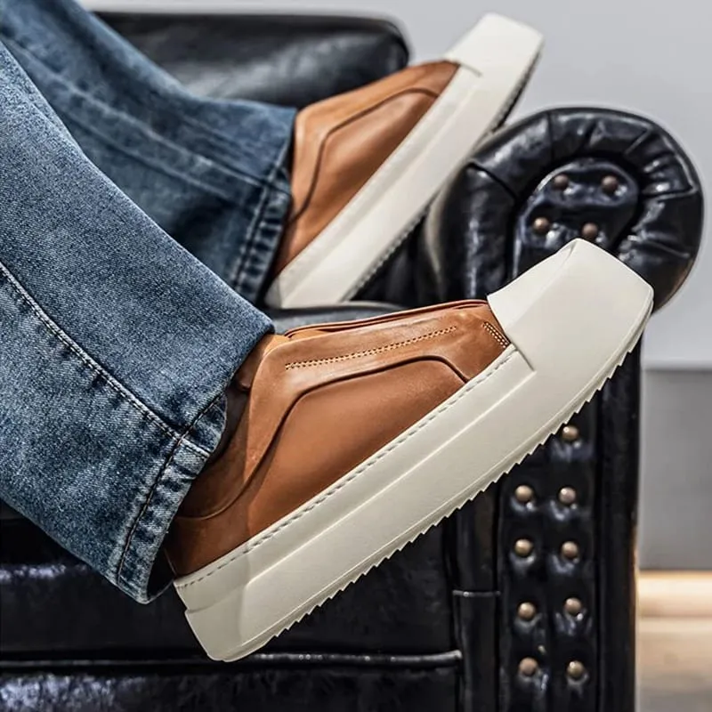 Retro Brown PU Leather Men's Shoes Lightweight Platform Elastic Band Casual Sneakers Fashion Street Walking Shoes High Quality