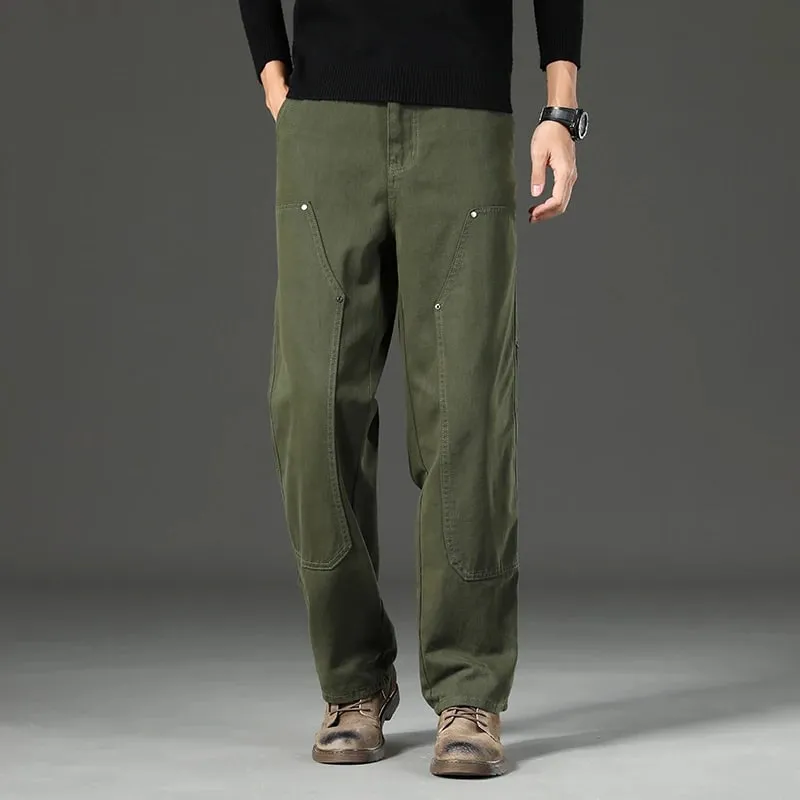 High Quality Spring New Style Straight Loose Men's Casual Pants Rivet Splicing Safari Style Cotton Trousers Army Green Jeans