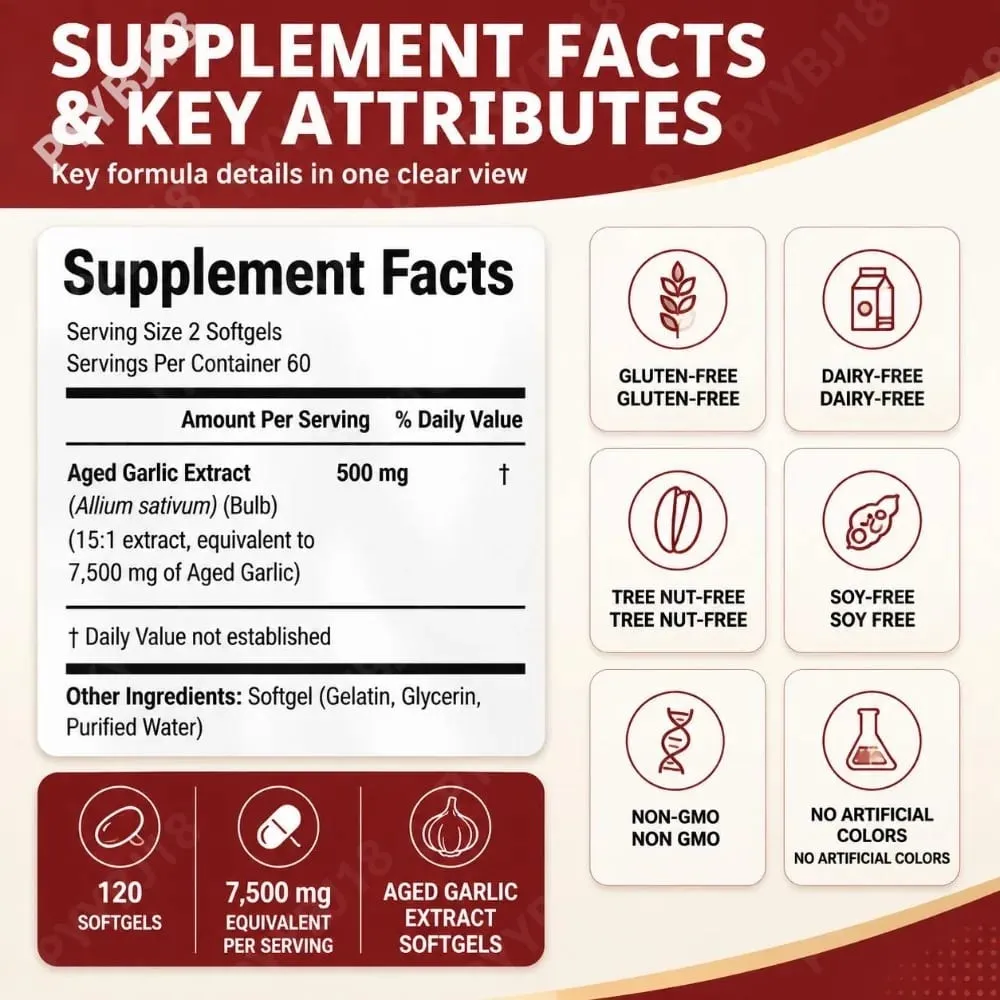 Aged Garlic Extract Softgels 7500 มก. เทียบเท่าต่อการไหลเวียนและการทำงานของหัวใจ สารต้านอนุมูลอิสระและภูมิคุ้มกัน 120Ct