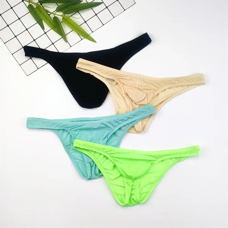 4PCS Men High Fork Briefs Mid Waist Elastic Ice Silk Brief Summer Underpants Ice Silk U Convex Pouch Male Underwear Silky Shorts