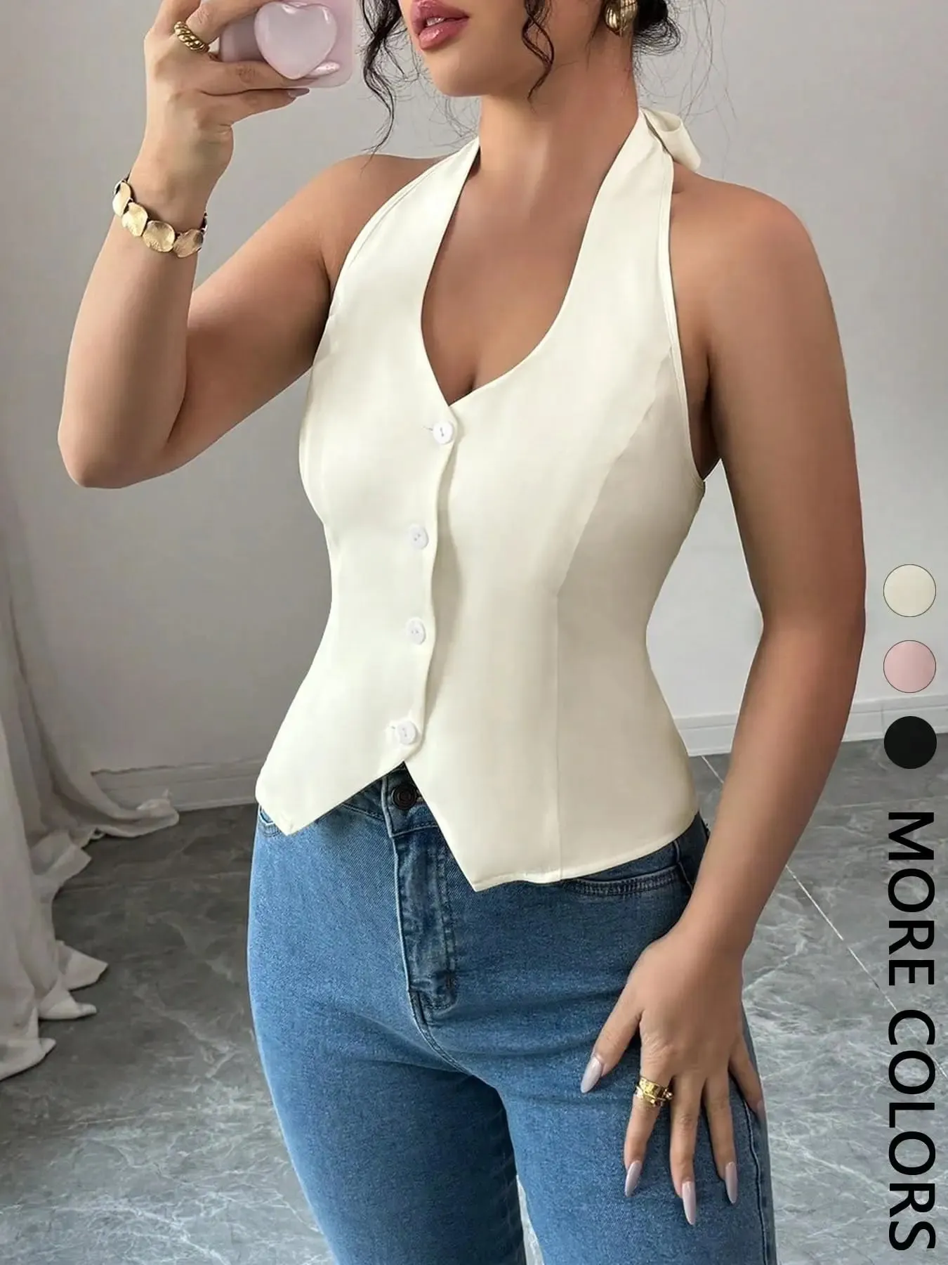 Women's Solid Color Casual Button-Up Halter Top Tank Vest One Piece Comfortable Breathable Fashionable Summer Wear — image 6