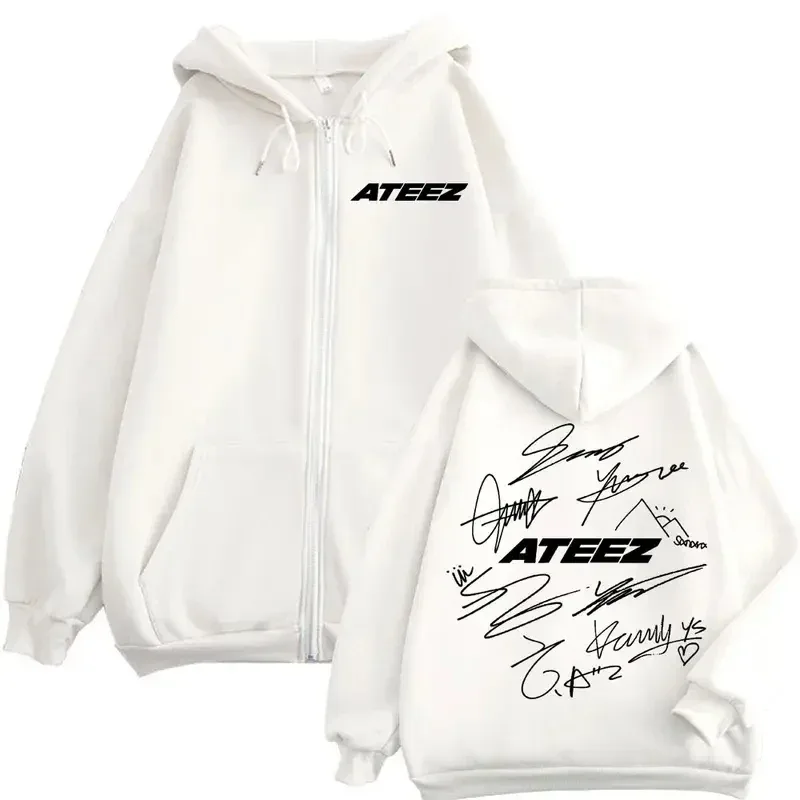 Limited Kpop ATEEZ Logo Double Sided Print Zipper Hoodie Fashion Hip Hop Zip Up Sweatshirts Men Women Casual Oversized Pullovers