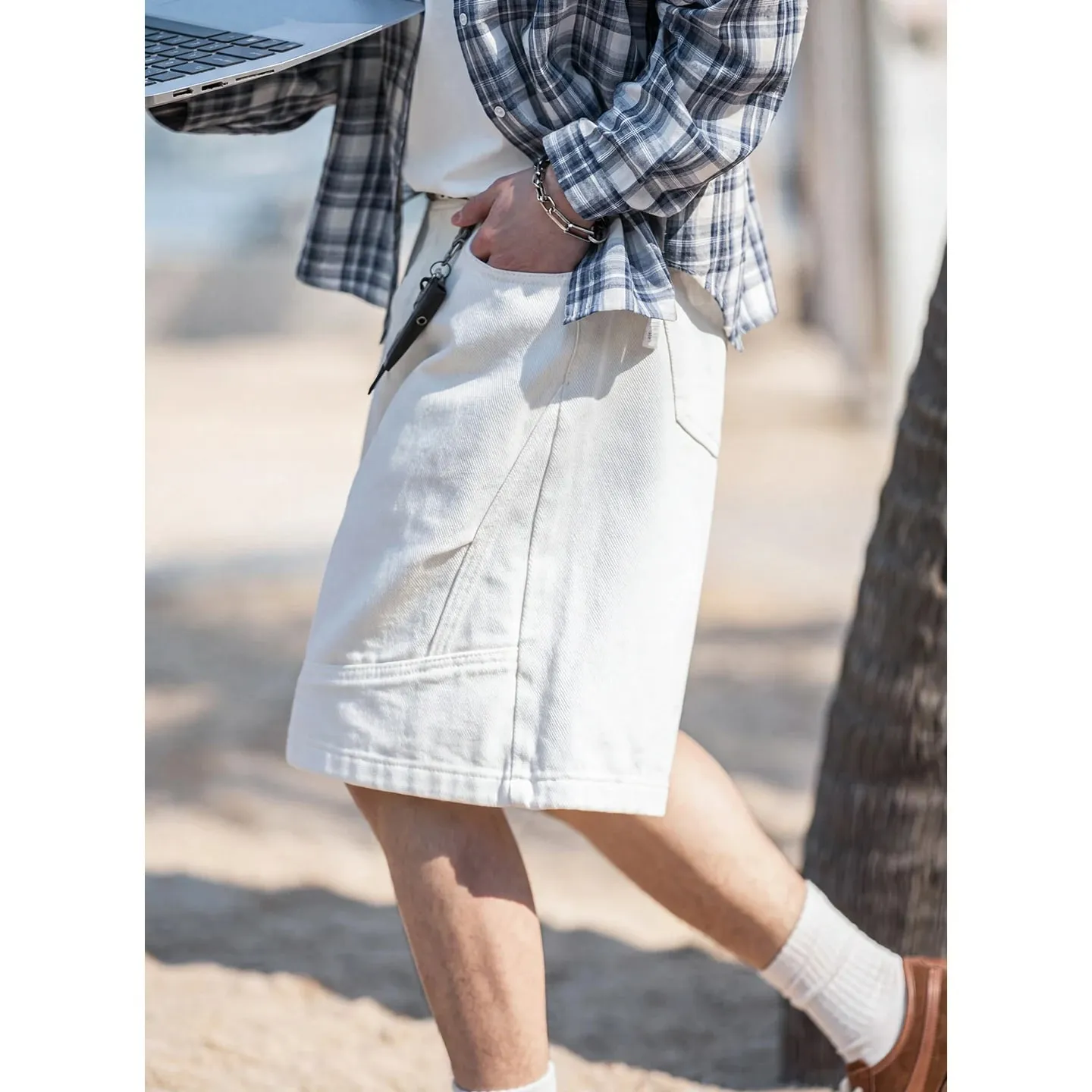 2026 Summer New Brand Men's Straight Loose Denim Shorts Classic Three Dimensional Split Pleated Lyocell Denim Five Quarter Jeans