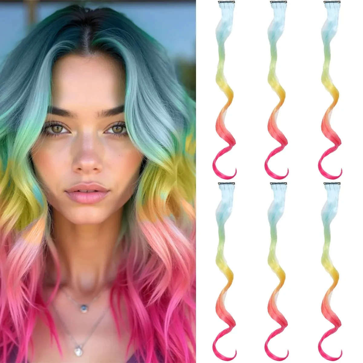 6PCS Ombre Clip In Hair Extensions Synthetic Body Wave Long Wavy Rainbow Highlight For Women Party Cosplay Festival Hair