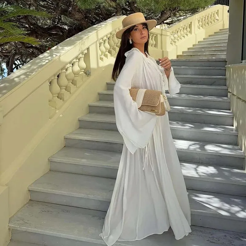 Elegant White Ruffles Maxi Dresses Women Fashion Loose V-Neck Lace-Up Long Robes Female Casual Vacation Birthday Party Vestidos — image 4