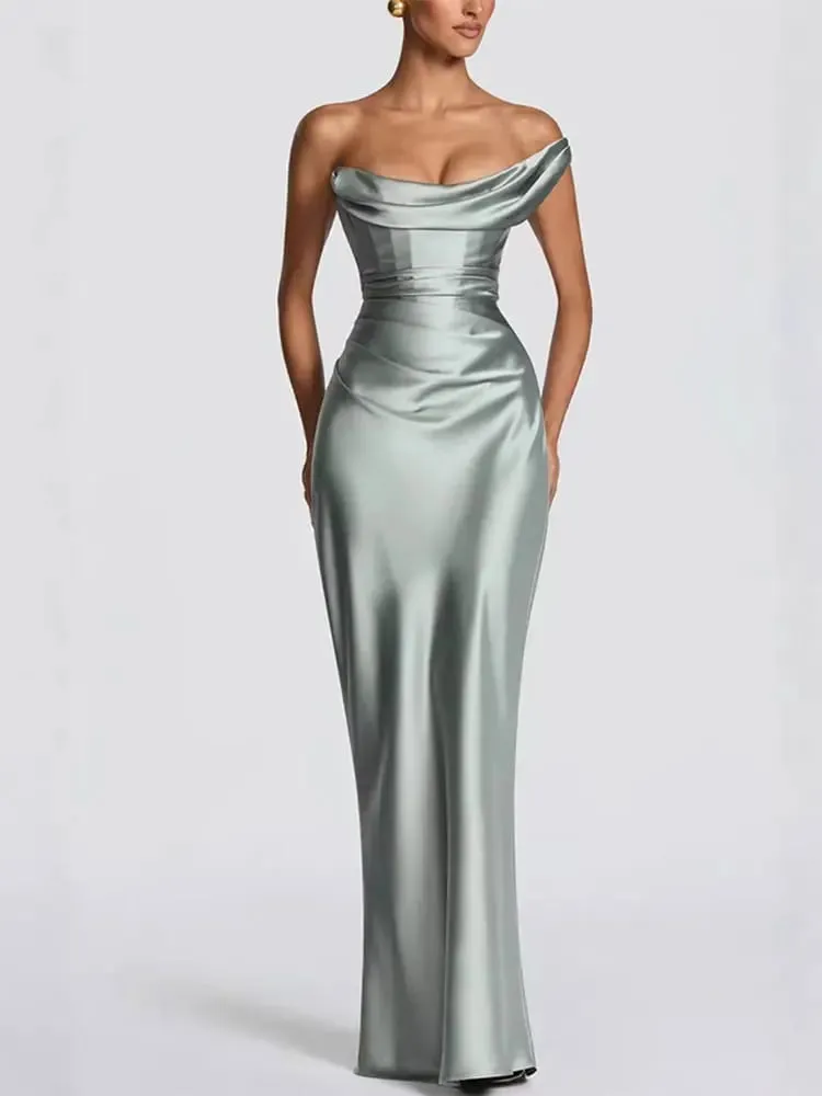 Fashion Women's Satin One Shoulder Long Dress Bandage Pleated Backless Sleeveless Dresses 2026 Summer Lady Party Evening Robes
