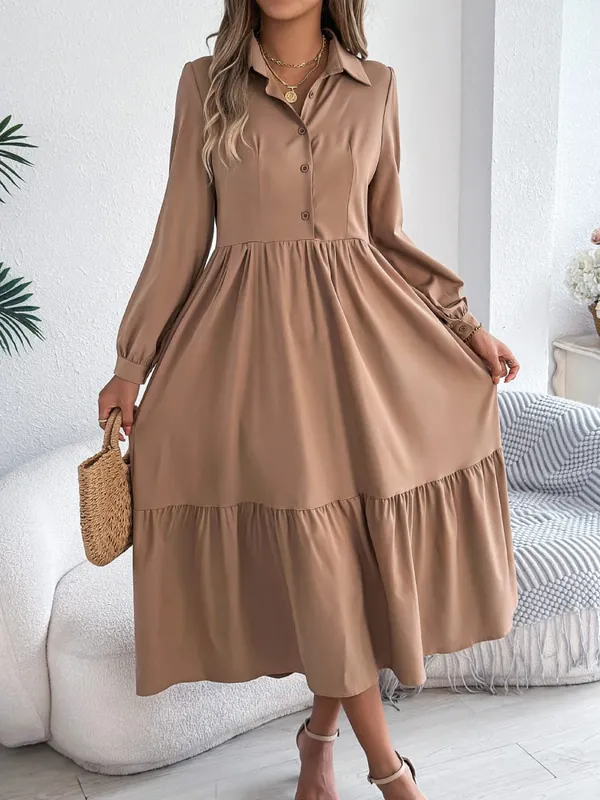 Women Fall Elegance Lapel Collar Button Front Shirt Dress Ruffle Trim Solid Midi Long Sleeve Wedding Dresses