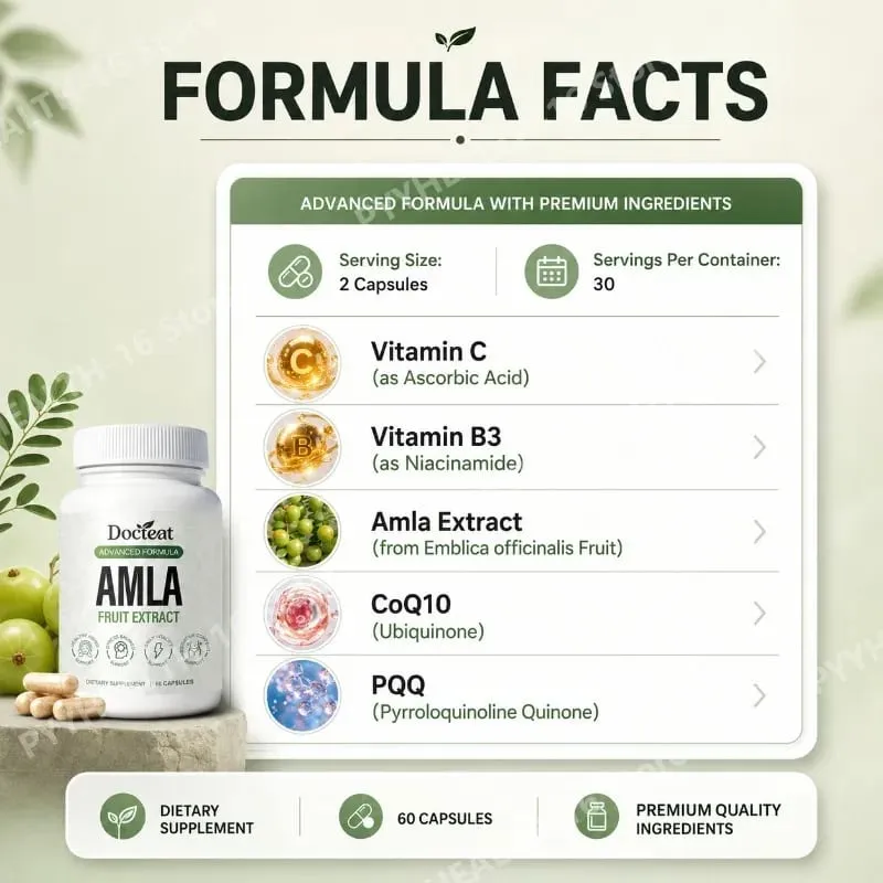 Docteat Amla Fruit Extract Capsules Immune Function Support Skin Health Support with Vitamin C B3 CoQ10 PQQ 60 Capsules — image 3