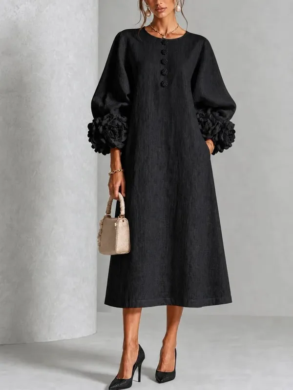 Elegant Women Linen Midi Dress O Neck 3D Floral Lantern Sleeve Button Loose Straight Long Dress Modest Casual Party Dresses