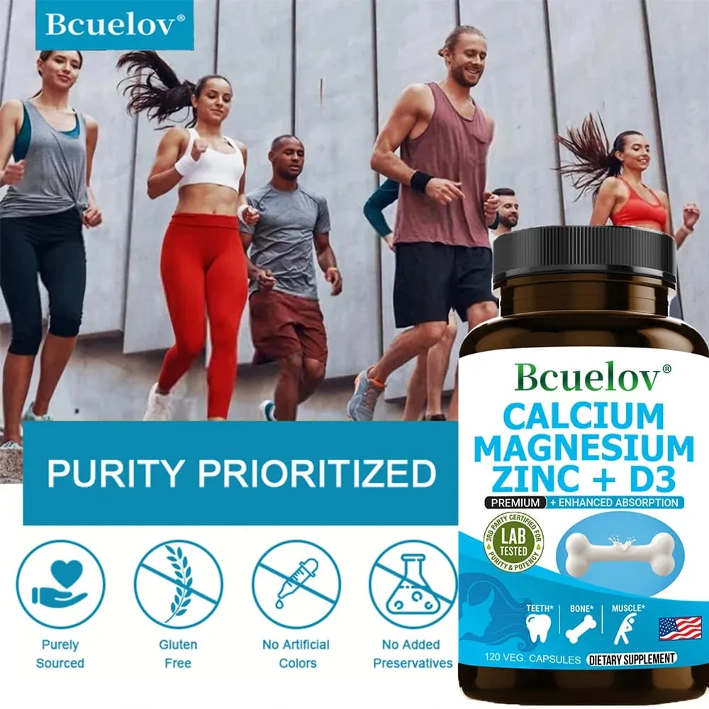 Bcuelov Cálcio Magnésio Zinco Suplemento de Vitamina D3 - Ossos Dentes Músculos Nervos Metabolismo Síntese de Proteínas Sistema Imunológico