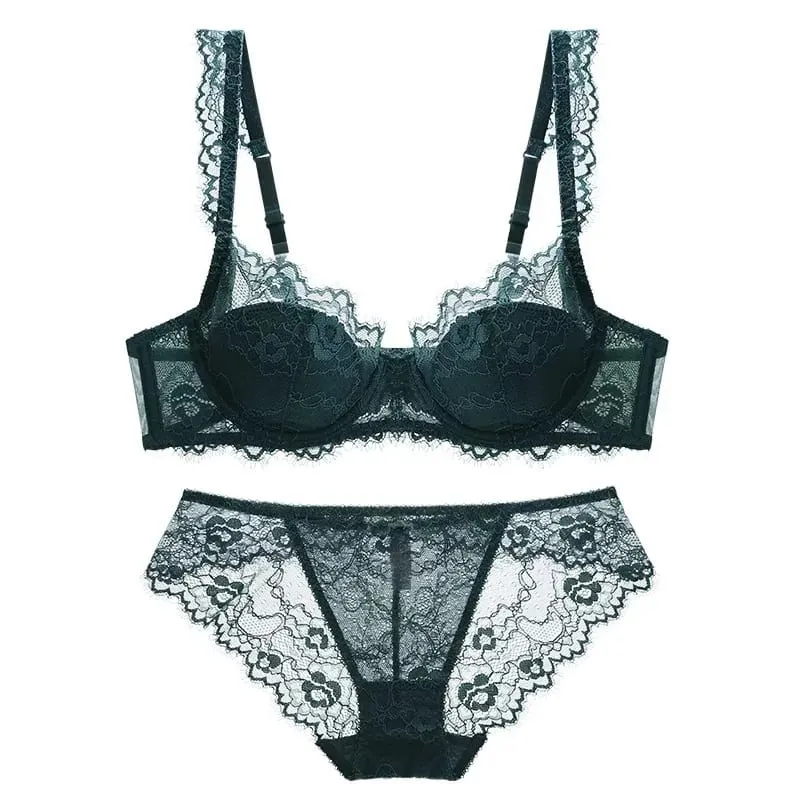 Women Sexy Lace Bra Set Padded Push Up Bra and Panty Set Elegant Ladies Brief Set Thin See Through Underwear — image 1