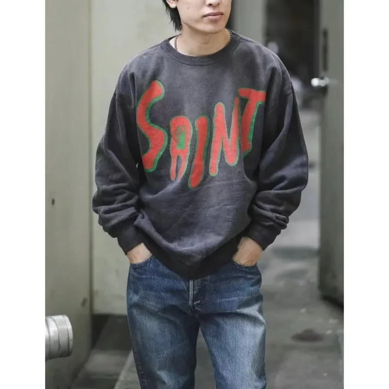 Saint Hoodies Terry Material O-Neck Coat Arrival Washing Retro Oversize Badge Loose Black Men Women Long Sleeve Cotton — image 7