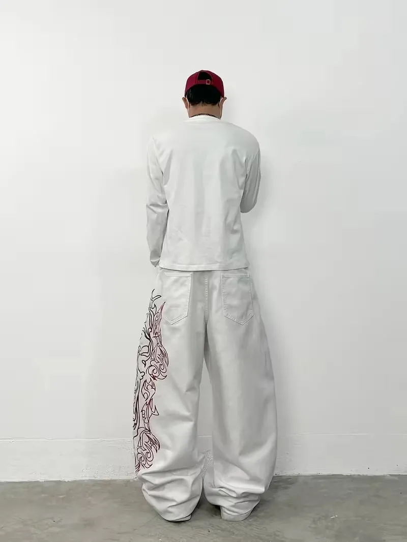 Unisex White Red Tribal Flame Print Loose Wide Leg Jeans Y2K Grunge Streetwear Oversized Denim Pants