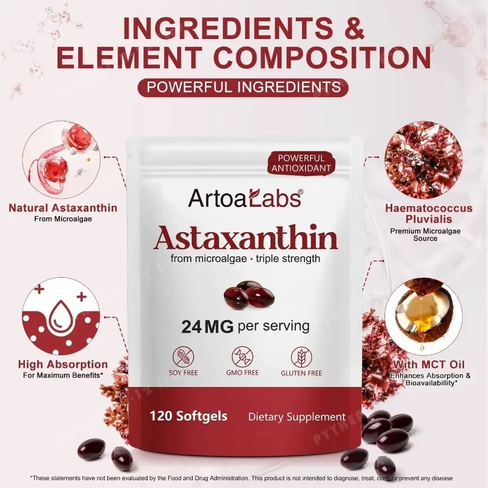 Astaxanthin Softgels 24mg Triple Strength Powerful Antioxidant Eye Health Support Microalgae Soy Free Gluten Free 120 Count