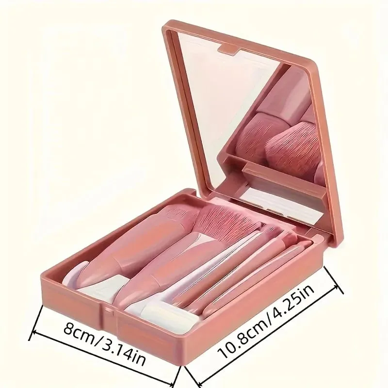 Rejsevenlig 5 stk makeup børstesæt med kompakt spejl og minietui Alsidig øjenskygge og løse pudderbørster