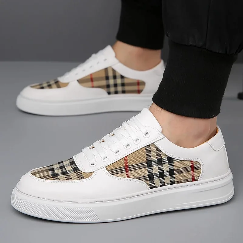 Men's Plaid Patchwork Casual Sneakers Lace‑up Low‑top Walking Shoes Fashion Daily Outdoor Flat Footwear