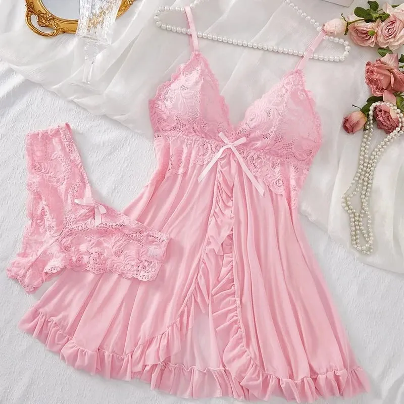 Women Lace Lingerie Set Solid Soft Slim Bra Nightdress Sexy Sleepwear For Women — image 6
