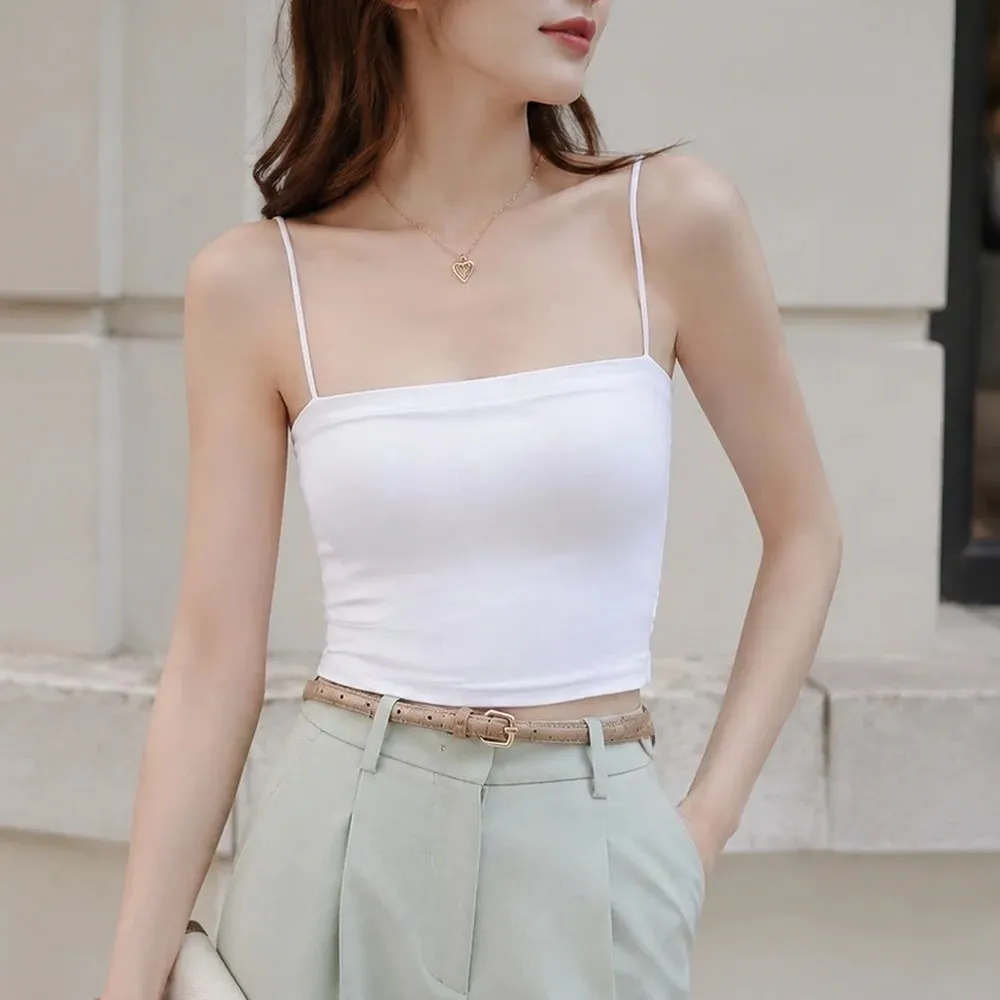 1pcs Womens Solid Thin Strap Tube Top Girls Slim Stretch Camisole Sleeveless Basic Layering Tank Vest Summer Ladies Daily Wear