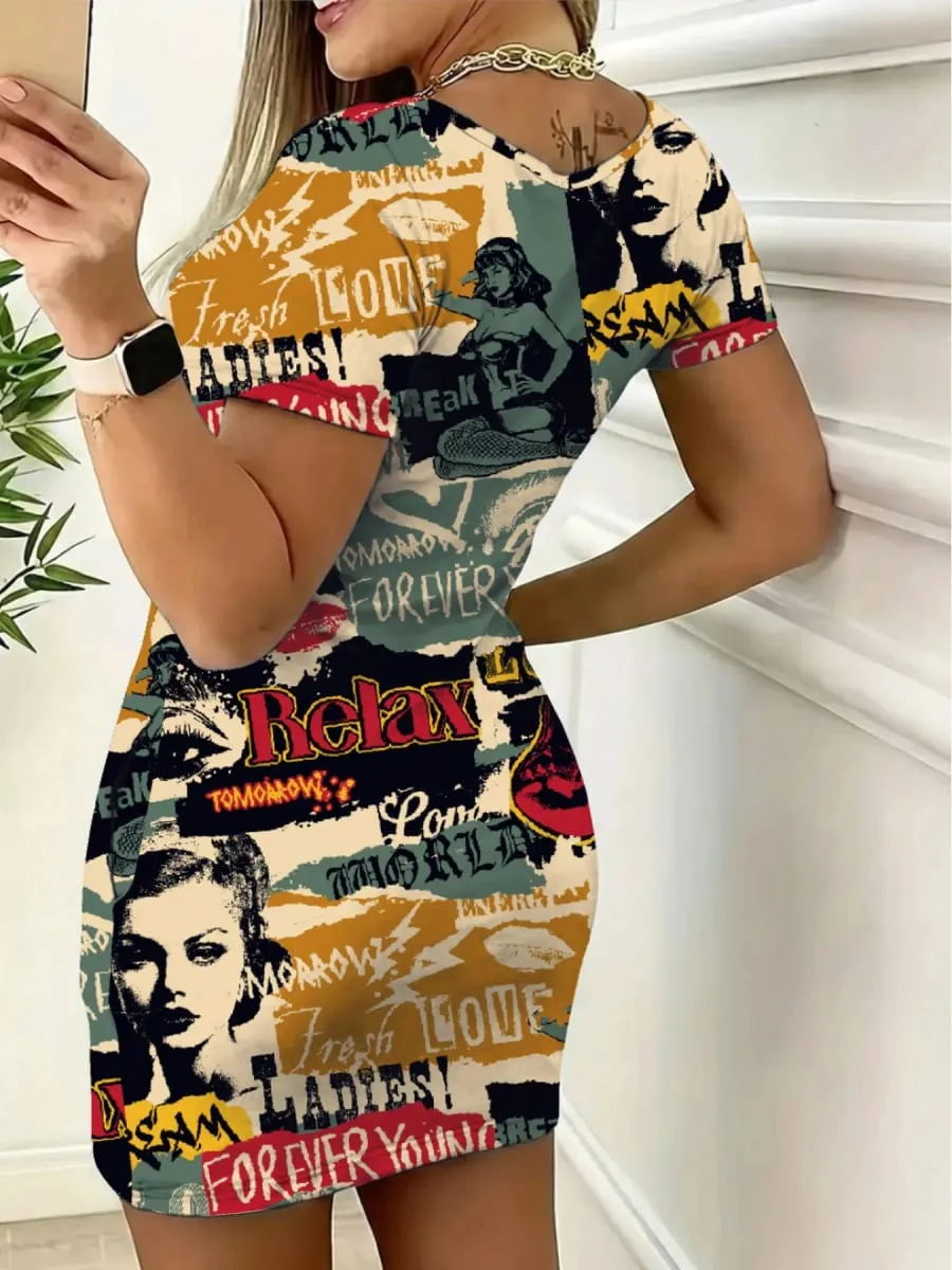 Women's Casual Elegant Comfortable round Neck Short Sleeve Skirt Dress Mini with Letter Figure Pattern Print — image 2