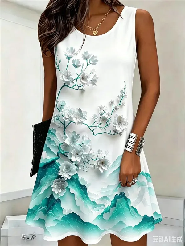 Flower Pattern Women Mini Dresses Summer Sleeveless 3D Floral Printed Street Style Ladies Dress 3XL Plus Size Loose Casual Dress — image 1