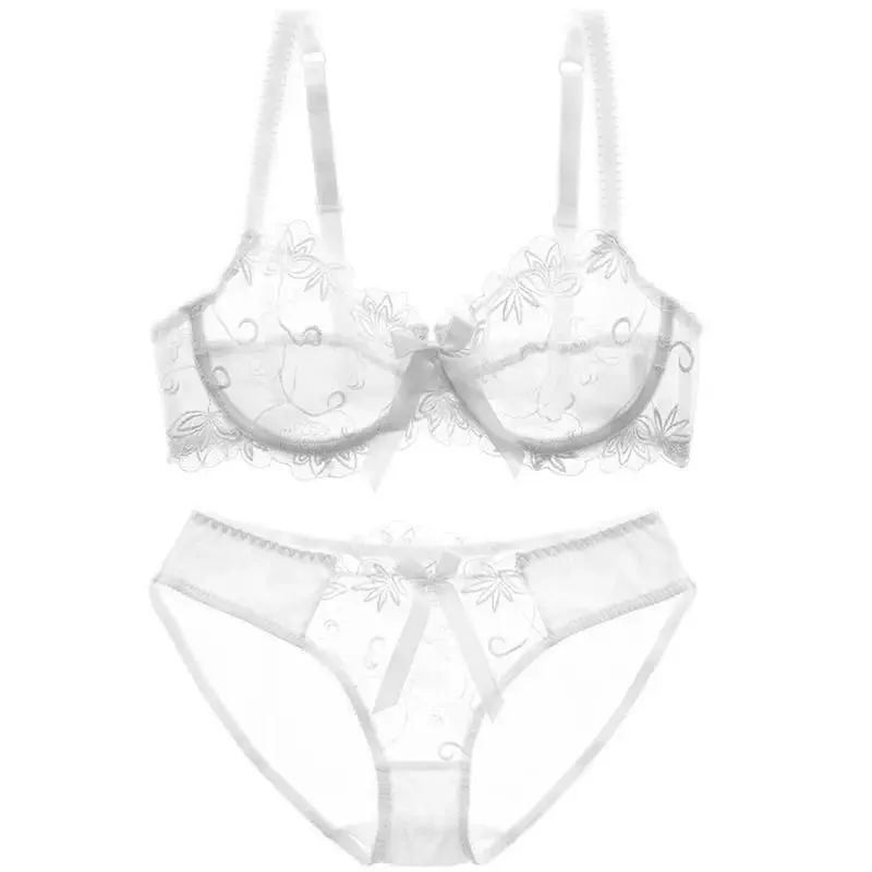 Women Sexy Sheer Mesh Lace Bra Set Thin Minimizer Big Bust Bowknot Pure Desire Lingerie Brassiere Underwear 34‑40 BC — image 15