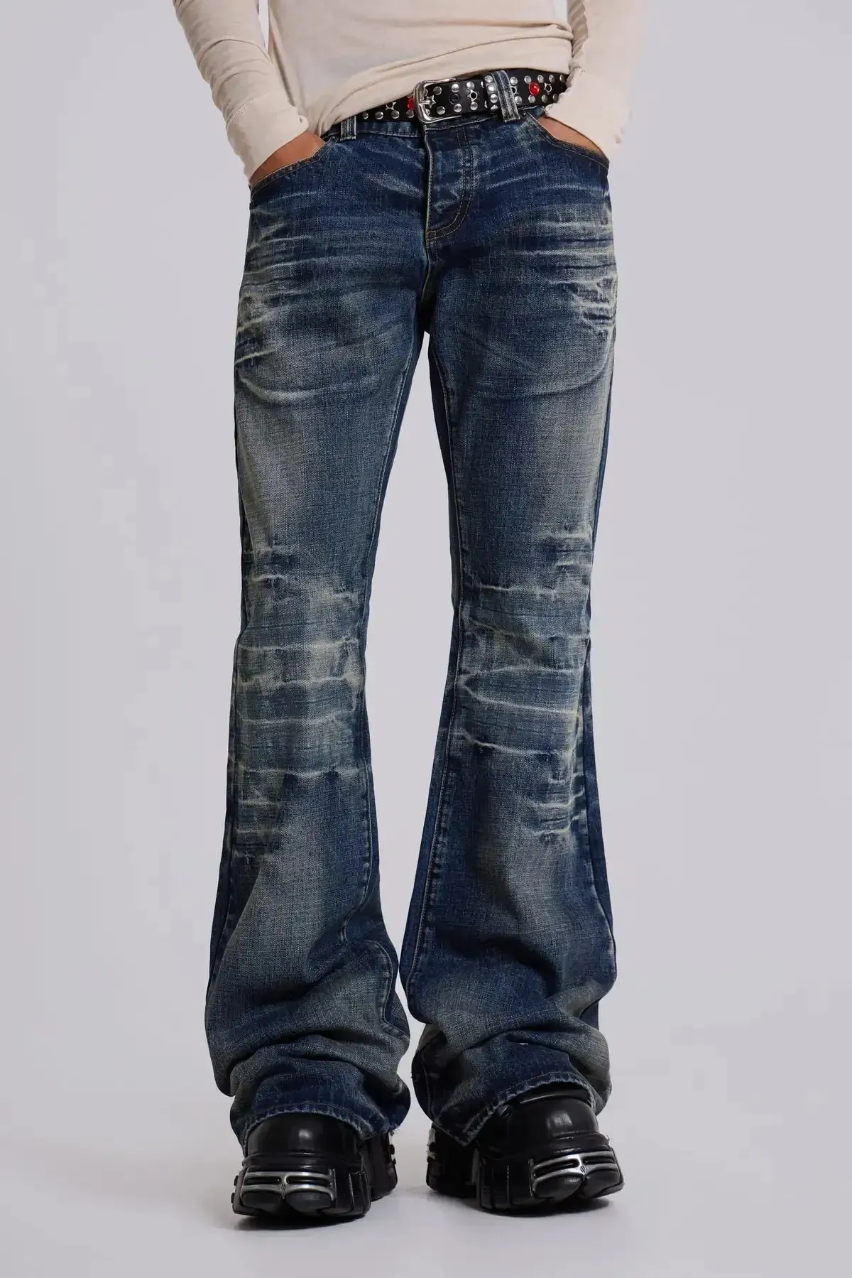 Y2K Vintage Flared Jeans Mid Blue Washed Men Women Bootcut Jeans American Hip Hop Distressed Streetwear Unisex Wide Leg Pants